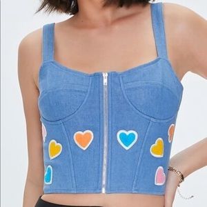 NWT Forever 21 Denim Heart Zip Up Crop Top